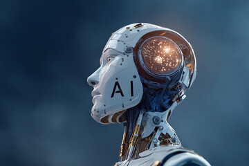 Futuristic close-up portrait of a humanoid robot with a human-like face and mechanical details, illuminated with glowing AI text, symbolizing artificial intelligence, technology, and cyber future