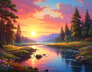 Stunning Sunset Landscape with River and Trees Painting: Peaceful Nature Scene
