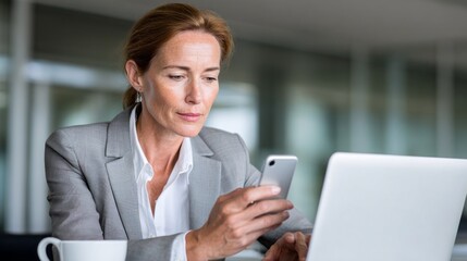 Professional woman checking smartphone while working on laptop in modern office setting