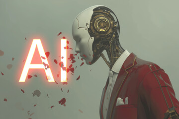 Romantic futuristic humanoid robot in a red suit with rose petals and glowing AI text