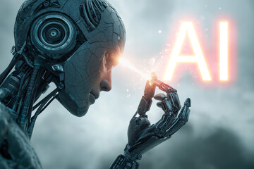 Futuristic close-up portrait of a humanoid robot with a human-like face and mechanical details, illuminated with glowing AI text, symbolizing artificial intelligence, technology, and cyber future