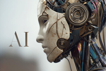Futuristic close-up portrait of a humanoid robot with a human-like face and mechanical details, illuminated with glowing AI text, symbolizing artificial intelligence, technology, and cyber future