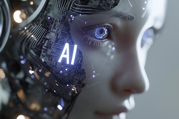 Futuristic close-up portrait of a humanoid robot with a human-like face and mechanical details, illuminated with glowing AI text, symbolizing artificial intelligence, technology, and cyber future