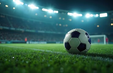 Fototapeta premium Wet soccer ball rests on green grass stadium pitch under bright floodlights. Evening game atmosphere with stadium seats blurred in background. Action anticipation builds.