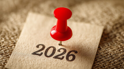 close-up of a red push pin typing the text "2026" on a beige background with copy space