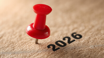 close-up of a red push pin typing the text "2026" on a beige background with copy space
