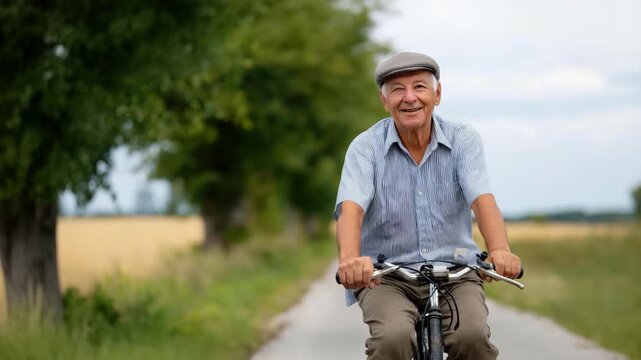 An elderly man in a flat cap rides his bicycle along a scenic path, embodying joy in physical activity and the beauty of life's simple pleasures amidst nature's serenity.