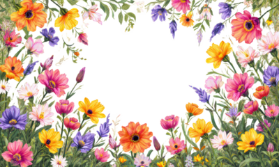 Vibrant Floral Border with Various Colorful Flowers and Greenery
