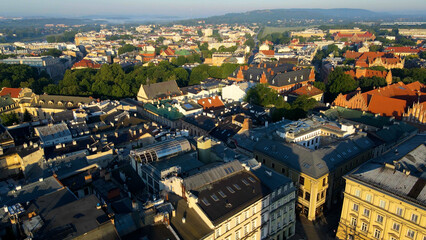 Naklejka premium Drone view of European city tourism old town Krakow Poland