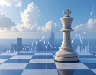 A chess king on a board with a financial chart
