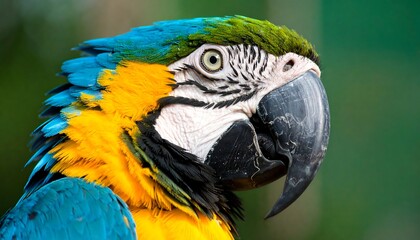 Obraz premium Vivid blue, yellow, and green parrot head close-up