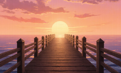 Obraz premium Wooden pier leading to a serene ocean sunset.