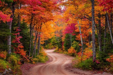 Fototapeta premium Winding dirt road through forest, bathed in autumnal hues of red, orange, and yellow