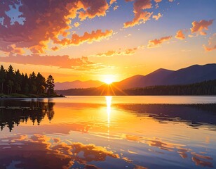 Stunning Sunset over a Lake Reflecting the Sky and Surrounding Mountains