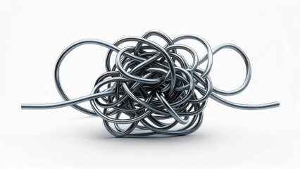 A chaotic arrangement of intertwined, metallic, shiny tubes on a white background