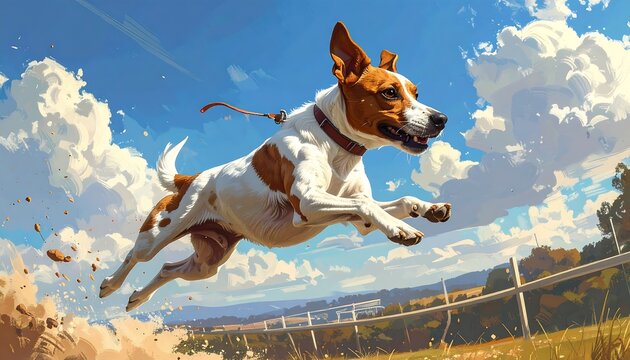 Energetic Jack Russell Terrier leaping mid-air with pure joy under a vibrant blue sky, capturing dynamic canine motion in a sunny field.