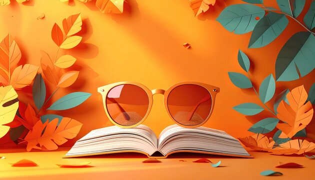 Sunglasses, book, leaf papercraft art