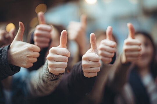 Group of individuals giving thumbs up, implying agreement, approval, and positive feedback