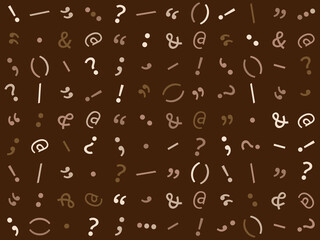 Seamless abstract pattern of various punctuation marks and symbols in beige and brown hues against dark brown background.