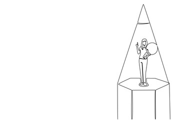 Continuous one line drawing a woman carry a lightbulb with gesture in middle of the tip of pencil. Solutions to adapt. Innovate. National Creativity Day. Single line draw design vector illustration