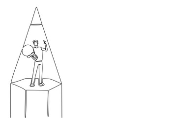 Single one line drawing a man carry a lightbulb with gesture in middle of the tip of pencil. Innovation and fresh ideas. Creative. National Creativity Day. Continuous line design graphic illustration