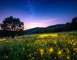Starry night glowing meadow
