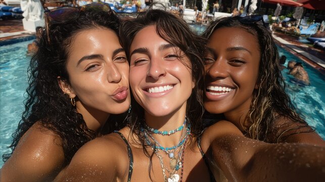 Diverse Women Taking Selfie at Pool Party - Powered by Adobe