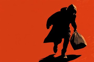 Silhouette of a person running with a bag against a vibrant backdrop.