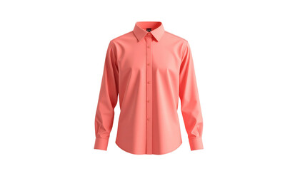 A coral-colored button-down dress shirt is presented against a stark black background, showcasing its details like the collar, buttons, and long sleeves, creating a simple yet elegant visual.