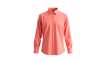 A coral-colored button-down dress shirt is presented against a stark black background, showcasing its details like the collar, buttons, and long sleeves, creating a simple yet elegant visual.