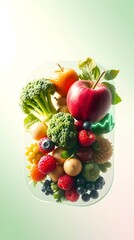 Fresh Health Tech Banner with Floating Fruits and Vegetables in Futuristic Hologram.