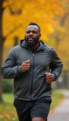 Obraz premium African American man jogging in autumn park. Overweight black man in sportswear runs on path. Man with beard and short hair doing cardio exercise outdoors.