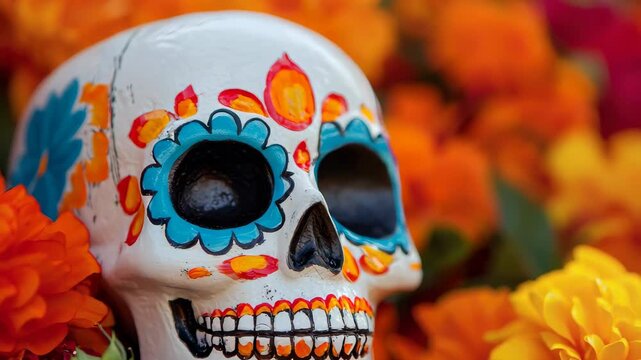 Colorful Sugar Skull Surrounded by Bright Marigold Flowers