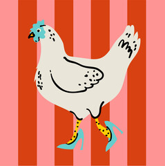 A funny and stylish vector illustration of a fabulous, fashion-forward chicken. This quirky hand-drawn art features a hen walking confidently in high heels, perfect for trendy, humorous projects