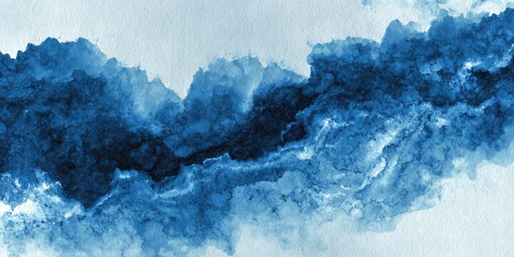 Abstract watercolor painting featuring a swath of deep blue against a soft, textured background