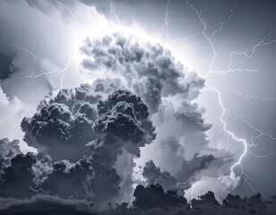 A dramatic black and white thunderstorm with lightning
