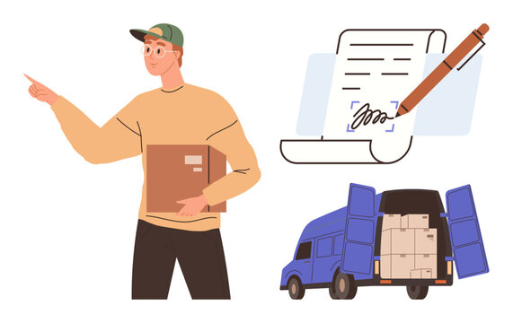 Delivery worker carrying a box, pointing the way, alongside a loaded truck, and a signed contract. Ideal for logistics, shipping, delivery service, e-commerce, courier order tracking agreements