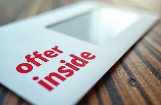 White envelope with a red printed message that says offer inside lies on wood surface. Marketing promo concept of announcement or special deal. Correspondence with information or important news