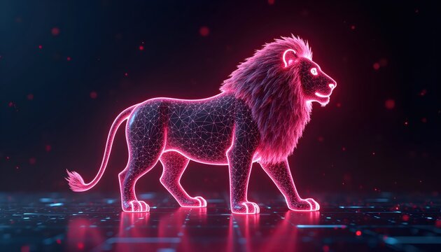 Futuristic Neon Wireframe Lion Walking In Virtual Digital Grid World