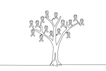 Continuous one line drawing tree whose leaves are campaign ribbons. Symbolization of the brain network system. Nerves. Sick. World Multiple Sclerosis Day. Single line draw design vector illustration