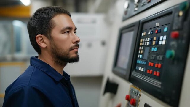 A focused technician operates advanced machinery in a workshop setting, emphasizing skill, precision, and dedication in the field of engineering and technology.