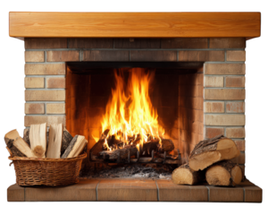 Traditional wooden mantel fireplace with burning fire, brick surround, cozy atmosphere, basket of firewood, and rustic decor for warm home interior design