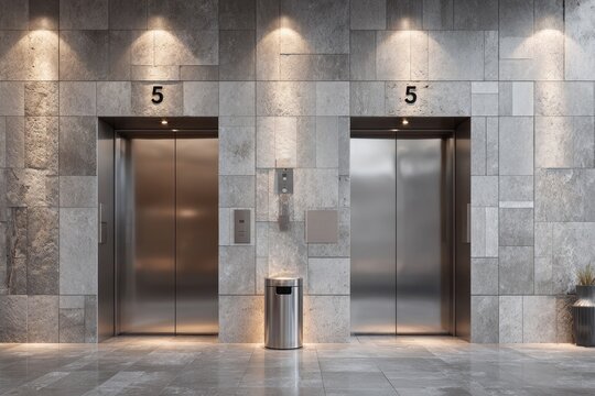 Two elevators with silver doors, a stainless-steel trash bin, and a gray stone wall