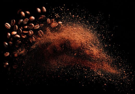 Roasted coffee beans explode into a cloud of fine ground powder against a stark black background