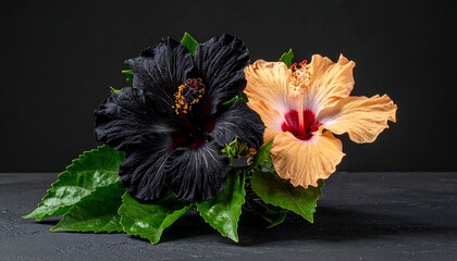 A pair of black and peach hibiscus flowers