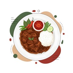 Authentic Indonesian Beef Rendang with White Rice and Sambal Chili Paste Vector Illustration