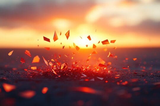 Shards explode against orange sunset
