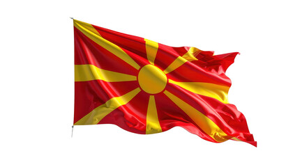 The national flag displays a sun motif with radiating beams in yellow against a red background, waving gently in the air.