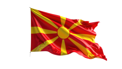 The national flag displays a sun motif with radiating beams in yellow against a red background, waving gently in the air.