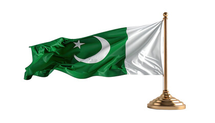A beautifully rendered  shot showcases a small, decorative green and white flag, displaying a crescent moon and star emblem, presented on a golden stand against a stark black background.